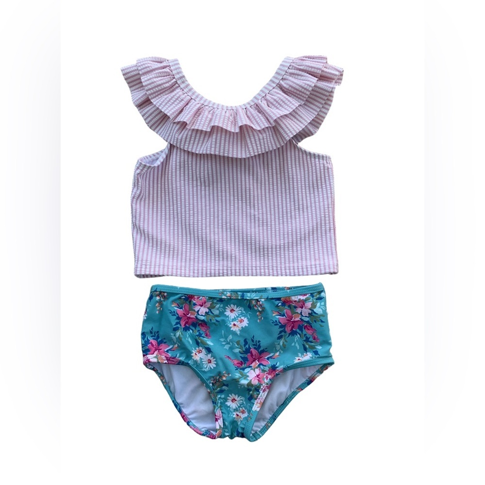 RuffleButts Size 8 Fancy Me Floral Two Piece Ruffle Seersucker Tankini Swimsuit